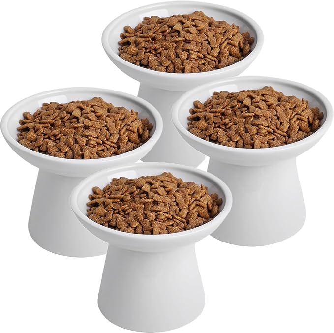 6.2 Inch Extra Wide Elevated Ceramic Cat Bowls, Food and Water Bowl Set for Elder Big Cats Small Dogs, Raised Design for Pet Easy Eating, Protect Cat's Spine Set of 4(White)