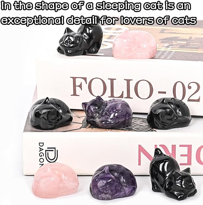 WHAL&YUNE Black Obsidian Cat 1PC, Crystal Cat Figurine, Natural Gemstone Lying Cat Ornament Hand Carved Cat Statue Cat for Cat Lovers, Gift 1.5"