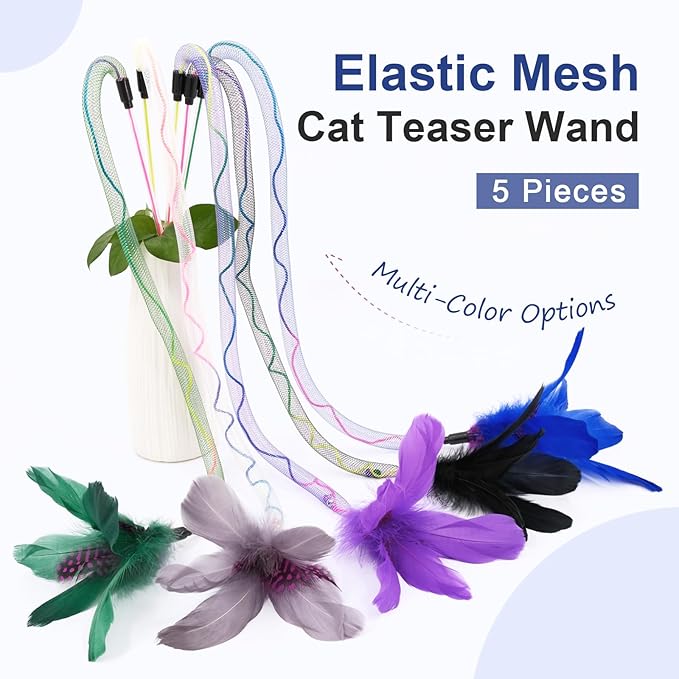 SONGWAY Cat Rainbow Wand Toy - Rainbow Cat Feather Toys with Bells, Colorful Mesh Teaser Wand with Feather Tail, Interactive Toys for Indoor Cats Kittens, Dark Color