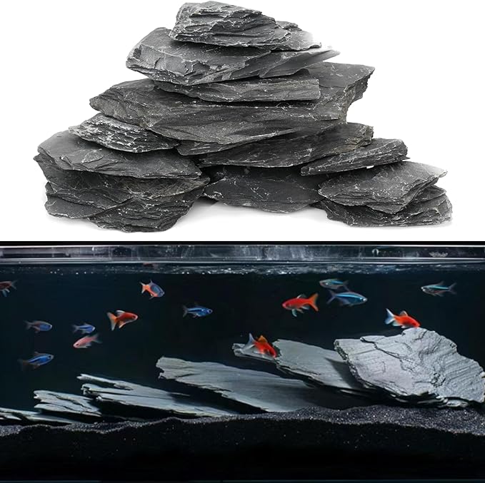 Unocho Natural Slate Stone Rocks Reptile Basking Platform Rock 10LB Fish Tank Rocks for Aquascaping Aquariums Terrariums Paludariums Wargaming Models Miniature Fairy Gardens（2-6 inches）
