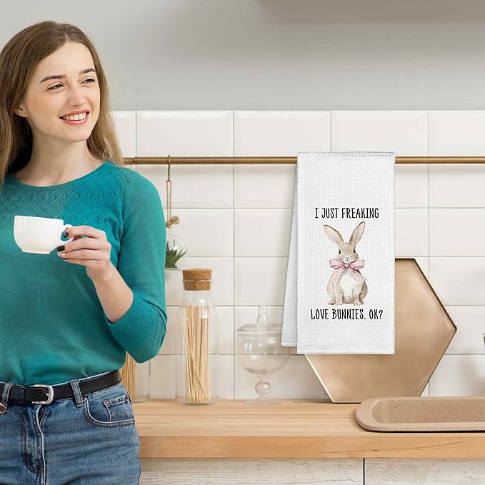 I Just Freaking Love Bunnies Kitchen Towels Decorative Gifts for Rabbit Lovers 16x24, Rabbit Dish Towel Cloths Dishcloths Tea Towel, Easter Bunny Bathroom Kitchen Hand Towel Decor