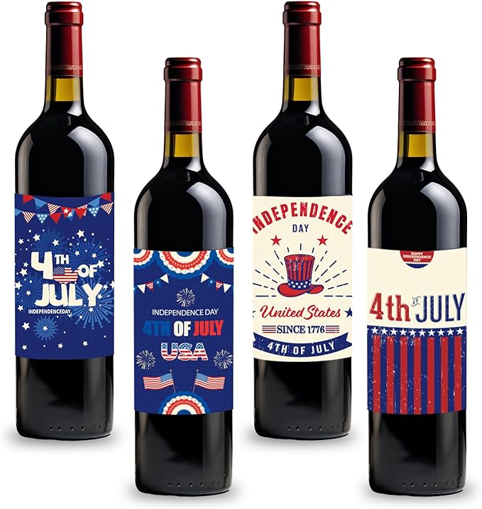8 Pieces 4th of July Wine Bottle Labels American Patriotic Wine Bottle Stickers Red Blue Stars and Stripes Wine Bottle Cover Decorations for Memorial Day July 4th Party Supplies