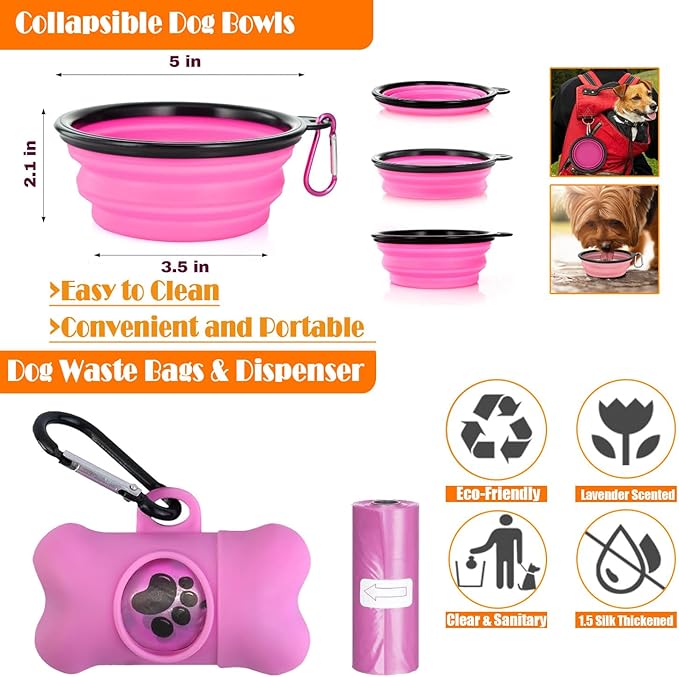 No Pull Dog Harness, Collar & Leash Set | Includes Dog Seat Belt, Collapsible Bowls & Poop Bag Dispenser. Ideal for Training, Walking, Hiking. Fits Small to Large Dogs(Pink-XL)