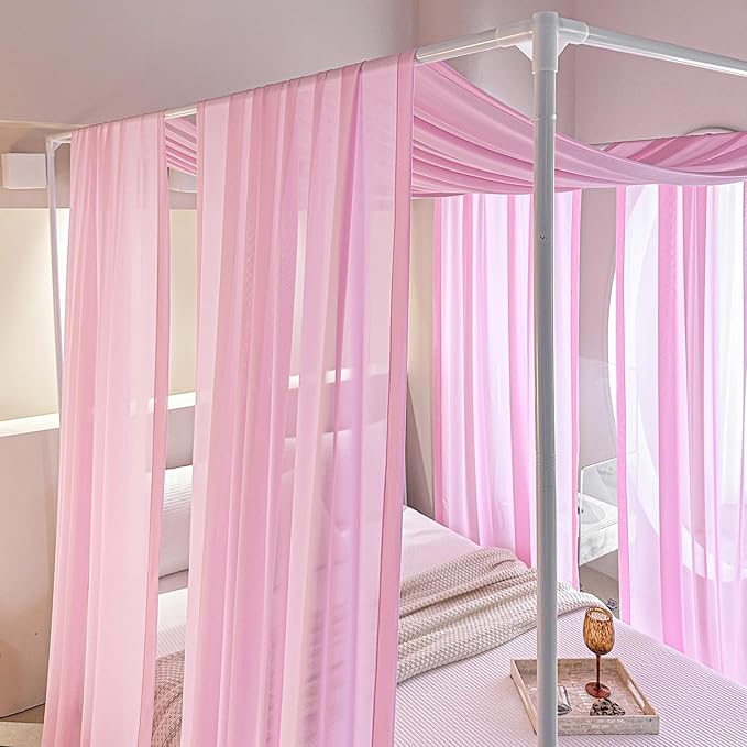 AIKASY Pink Bed Canopy Scarf for Twin - Luxury Sheer Canopy Bed Curtains with Light - Suitable for Four-Poster Bed, Metal Bed Frame, Wood Bed Frame -2pic