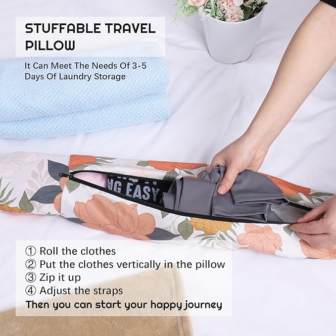 Stuffable Travel Pillow, Stuffable Neck Pillow for Travel, Portable Self-Fillable Design Travel Pillow, U-Shaped Pillow with Snap Strap and Storage Bag (Pillow Cover Only, No Filler)