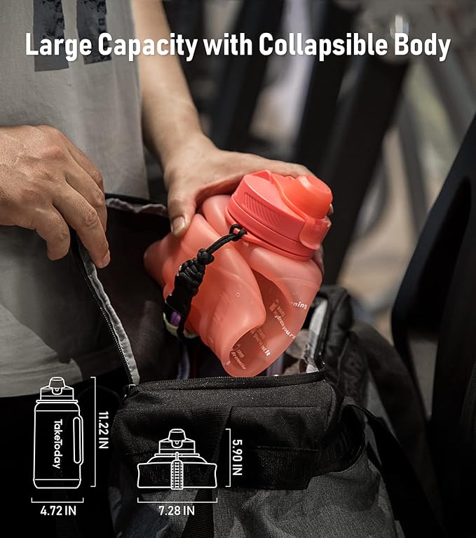 68 oz Collapsible Water Bottles With Straw, Half Gallon Water Bottle With Motivational Time Marker, Large Reusable Silicone Water Jug With Paracord Handle For Sports, Outdoors (Pink)