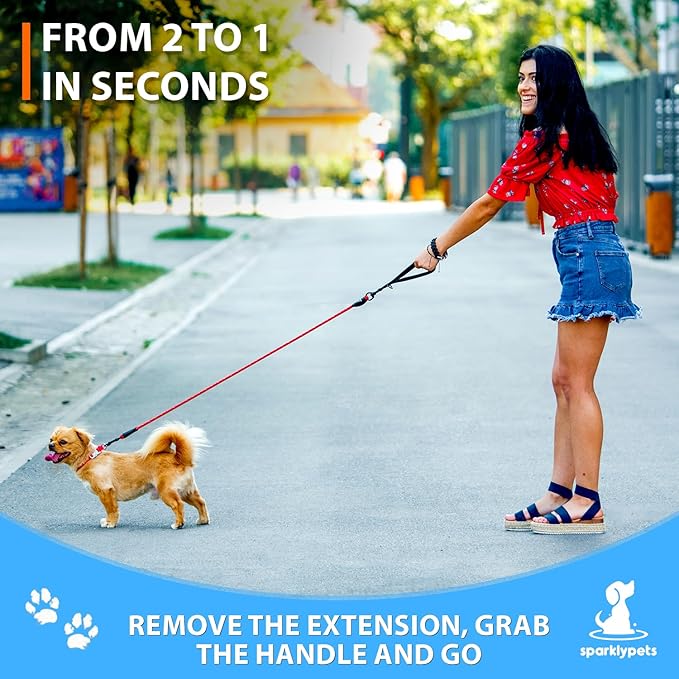 SparklyPets Dual Dog Leash for 2 Small Dogs – Tangle Free Rope Bungee Double Leash for Two Breeds with Adjustable Couplers & Soft Handle (Red, Small)