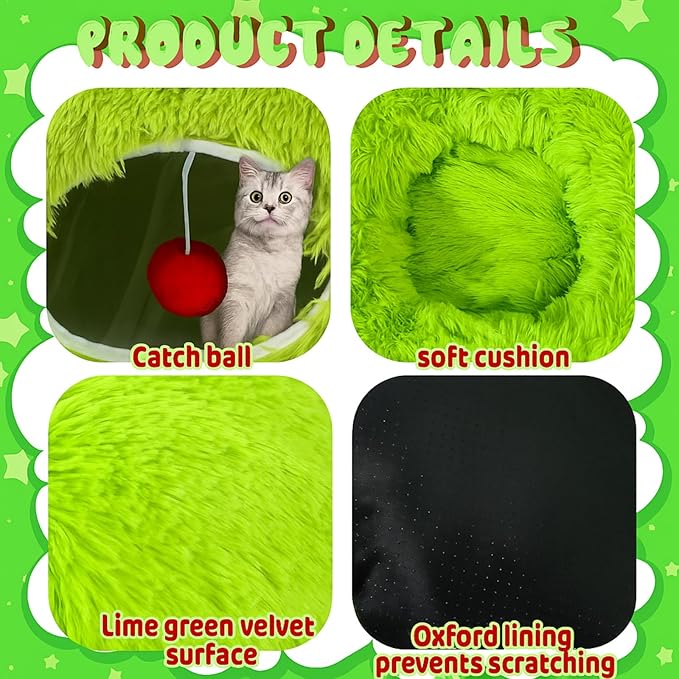 Frienda Christmas Cat Tunnel Bed Under Christmas Tree Lime Green Cat Donut Tunnel 3ft x 3ft x 9.4in Elf Tree Skirt Peekaboo Circle Cave Toy Winter Decor for Kitten Kitty Puppy Rabbit Ferret Gift