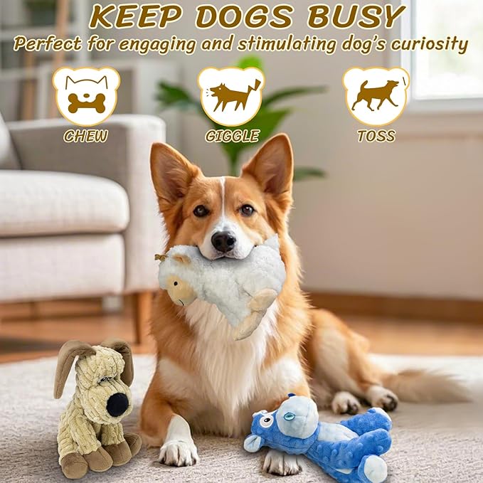 3Pack Squeaky Stuffed Dog Toys- Indoor&Outdoor Playing Toys for Large to Small, Durable Plush Toys to Keep Them Busy- Animal Shape Crinkle Toy