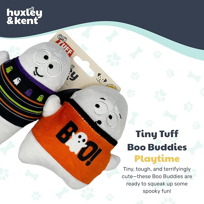 Huxley & Kent Halloween Funny Dog Toy w/Squeaker – Power Plush Squeaky Dog Toys for Small Dogs – Durable Small Stuffed Animal for Indoor Play & Fetch - Tiny Tuff Boo Buddies 2pk