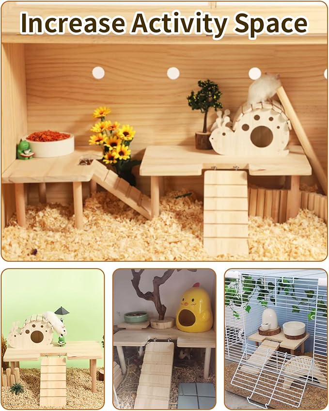 BNOSDM Large Wooden Hamster Platform with Ladder - Natural Wood Standing Platform for Syrian Hamsters, Guinea Pigs, Gerbils, Chinchillas, Mice