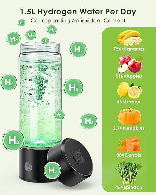 Hydrogen Water Bottle, 3 Min Rapid Hydrogen Water Bottle Generator with SPE PEM Technology, Portable Hydro Water Bottle Suitable for Gym Office Travel Home, Gift for Love Friend Family, Black
