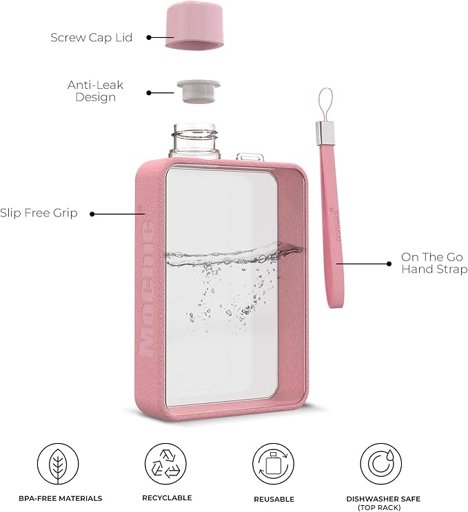 Mochic 13oz Flat Portable Travel Mug Handbag Slim Cold Flask | BPA Free A5 Water Bottle Tritan Plastic | Sports, Camping, Gym, Fitness, Outdoor - Leak Proof. 380ml (Pink)