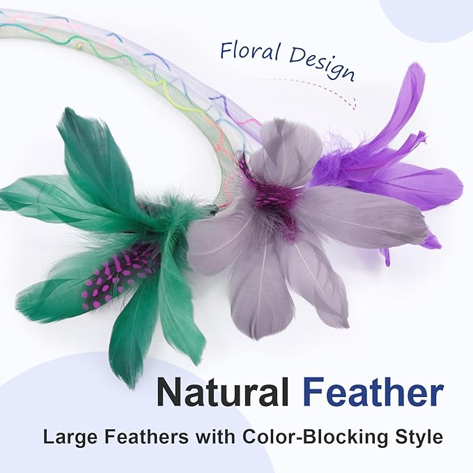SONGWAY Cat Rainbow Wand Toy - Rainbow Cat Feather Toys with Bells, Colorful Mesh Teaser Wand with Feather Tail, Interactive Toys for Indoor Cats Kittens, Dark Color