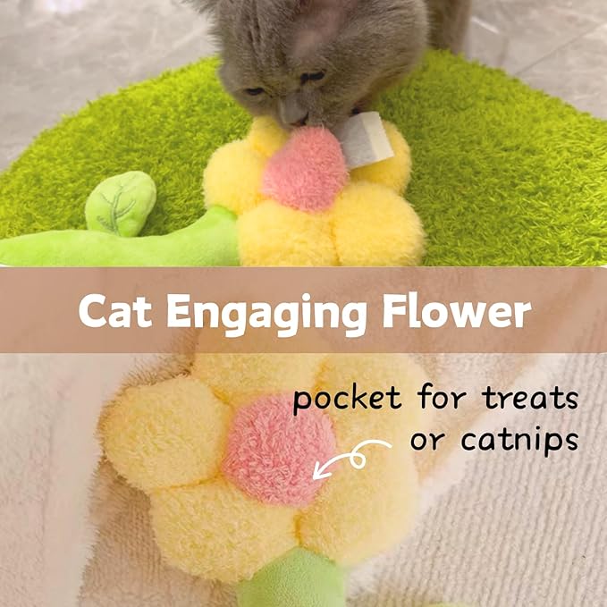 Catnip Refillable Interactive Cat Toy with Crinkle Sound, Flower Kicker Toy for Indoor Cats, Includes 6-Pack Catnip Pouches, Chew, Food Puzzle for Kitten Enrichment