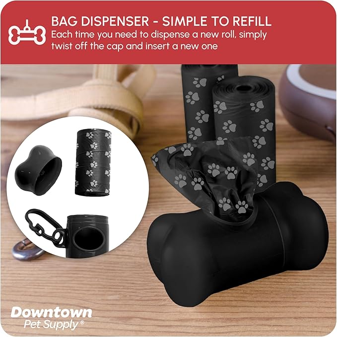 Downtown Pet Supply Poop Bags for Dogs with Dispenser, 220 Count - Leak-Proof Dog Waste Bags and Bone-Shaped Dog Poop Bags Holder for Leash - Black with Paw Prints, 12.5" x 8.5"