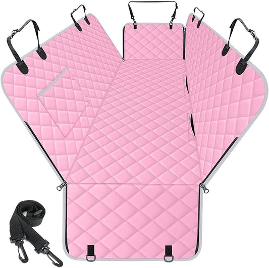 Waterproof Dog Car Seat Cover for Back Seat - Durable, Scratch Proof Pet Hammock with Nonslip Design & Storage Pockets, Fits Cars, SUVs, Trucks - S, Pink/Grey