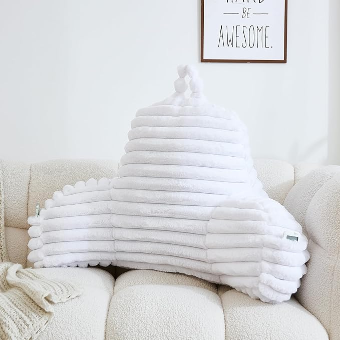 WERDIM Reading Pillow for Sitting in Bed, Faux Fur Back Pillow for Bed Rest, Bed Chair Pillow with Arms and Pockets(Standard, White)