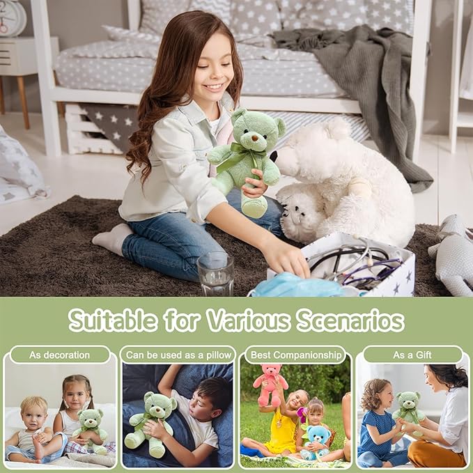 Green Teddy Bear Stuffed Animal 13.4” Soft Small Stuffed Teddy Bear Plush Toy Cute Cuddly Bear Plush for Kids Girls Birthday Mother's Day Graduation Wedding Party