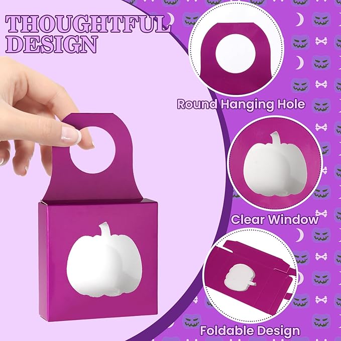 Megitzuu 30PCS Wine Bottle Box with Window, Kraft Paper Wine Boxes for Halloween Gifts Hanging Pumpkin Treat Box Mini Charcuterie Boxes Wine Bottles Gift Bags Goodies Candy Box Party Favor (Purple)