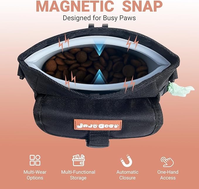 JOJOGOGO Dog Treat Pouch with 4 Cup Removalbe Silicone Bag, Magnetic Closure Treat Pouches for Pet Training and Walking, Dog Training Treat Pouch with Clicker, Puppy Snack Bag and Poop Bag Holder
