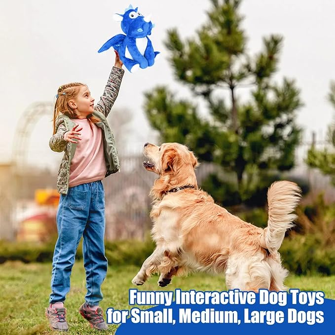 Plush Dog Toys, Tough Chew Toys for Dogs, Crinkle Stuffed Squeaky Toy for Small Medium Large Breed, Interactive Plush Toys to Keep Them Busy, Cute Dinosaur Dog Toy, Pet Toys