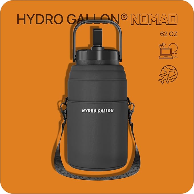 Hydro Gallon® Nomad - Insulated 64oz Half Gallon Water Bottle Jug with Sleeve, Straw Lid, Handle, Strap, Pockets. Large Stainless Steel Metal Gym Thermos. Wide mouth, Leakproof, BPA free. 62oz (Black)