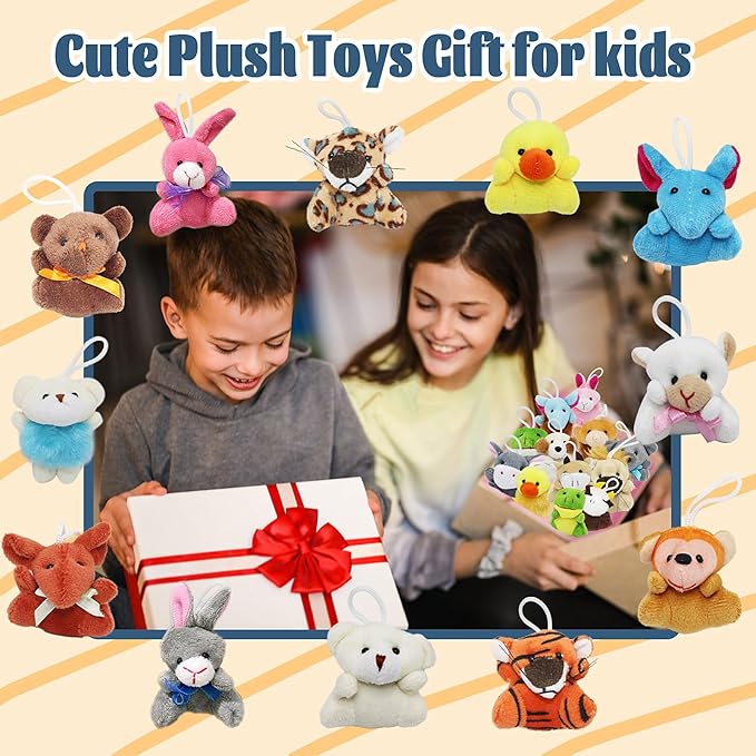 24 Packs Mini Plush Animals Toys, Animals Keychain Charms for Kids, Small Stuffed Animal Bulk for Kids, Easter Party Favors, Easter Basket Stuffers, Carnival Prizes, School Gifts