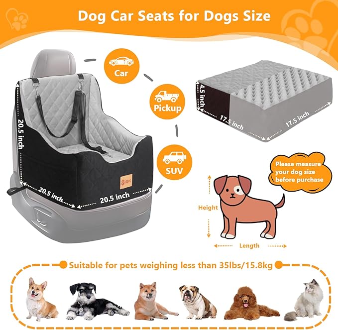 Dog Car Seat for Small/Medium Dogs Under 40lbs, Dog Booster Car Seats Memory Foam and Velvet, Detachable and Washable Pet Booster Carseats with Clip-On Satebelt and Storage Bag.(Black/Gray)