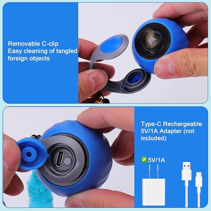 Interactive Cat Toy Ball - Motion-Activated, USB Rechargeable Cat Toys for Indoor Cats with Anti-Scratch Cover & 2 Changeable Tails - Enrichment Toy for Active Cats & Kittens