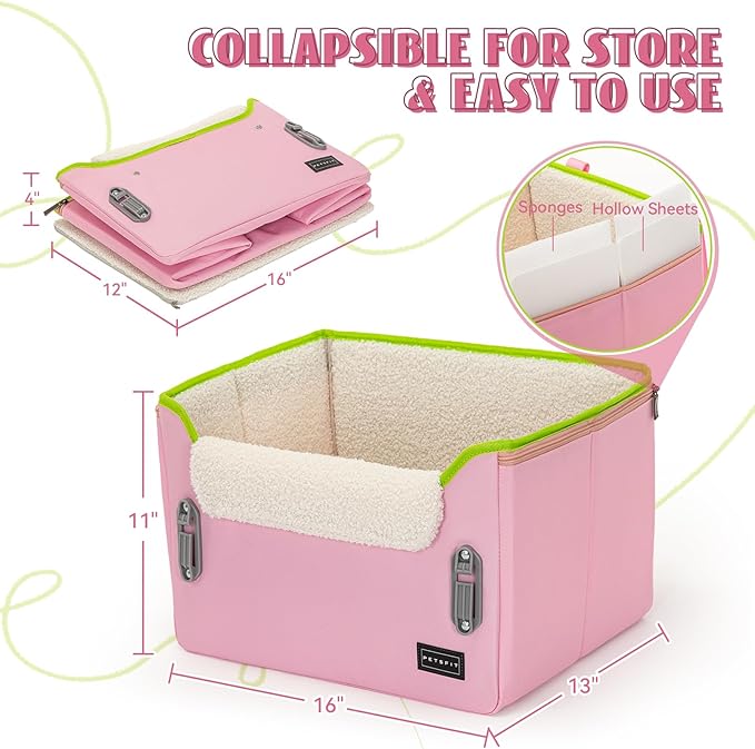 PETSFIT Small Dog Car Seat, Patent Safe Buckles Dog Booster Car Seat, Cat Car Seat with Safety Belt, Suitable for Small Pets Up to 25lbs (Pink)