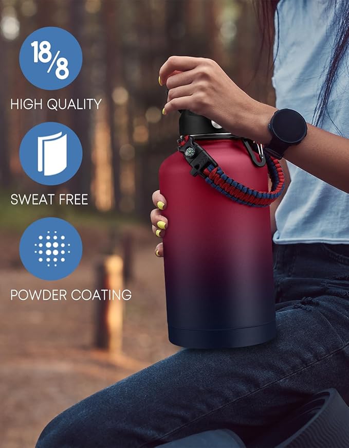 64 OZ Insulated Water Bottles with Straw - Waterbottle Carrier with Strap, Protective Boot & Paracord Handle, Stainless Steel Water Flask Canteen