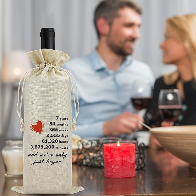 7th Year Marriage Gift for Couple Wife Husband Wine Bag 7th Anniversary Wedding Gift for Women Men Wine Gift Bag Birthday Christmas Valentine Gift for Him Her Drawstring Wine Wrapping Bag