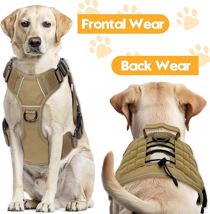 Heavy-Duty Tactical Dog Harness for Large Dogs, No Pull Adjustable Reflective Pet Vest with Molle System, K9 Military-Grade Control for Service Training, Outdoor & 10+ Breeds, Khaki, XX-Large