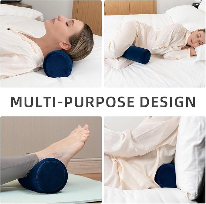 Cervical Neck Pillow Roll Memory Foam Support Round Pillows for Pain Relief Sleeping, Bed, Legs, Back and Yoga Blue 17 x 4.5 Inches