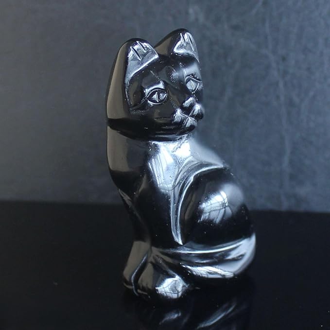 2‘’ Hand Carved Mixed Gemstone Crystal cat Animal Figurine Animal Carving (Black Obsidian)