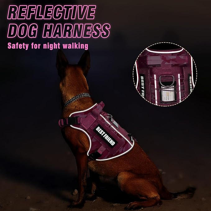 Tactical Dog Harness Small Sized Dog,No Pull Military Dog Vest with Easy Control Handle&Molle,Adjustable Heavy Duty Pet Harness for Hiking Training,Reflective for Night Walking Camo Pink S