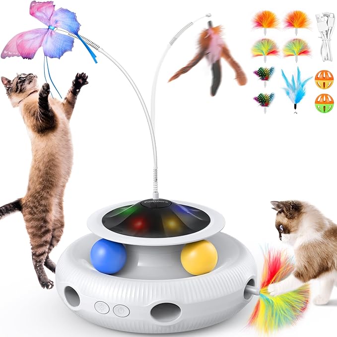 Pawtners Interactive Cat Toy: 4 in 1 Automatic Interactive Kitten Toys for Indoor Cats Rechargeable with Fluttering Butterfly, Track Balls and Ambush Feather