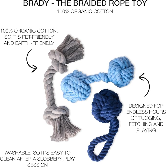3-Pack Organic Cotton Dog Rope Pull Toys for All Pet Breeds, Blue Ombre, One Size