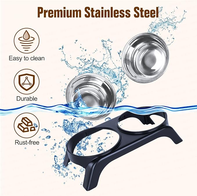 Elevated Cat Bowls - Anti-Vomiting Raised Food Bowl Set With 2 Stainless Steel Bowls, Prevents Neck Pain, ABS Anti-Slip Stand for Indoor Cats & Puppies (Black)