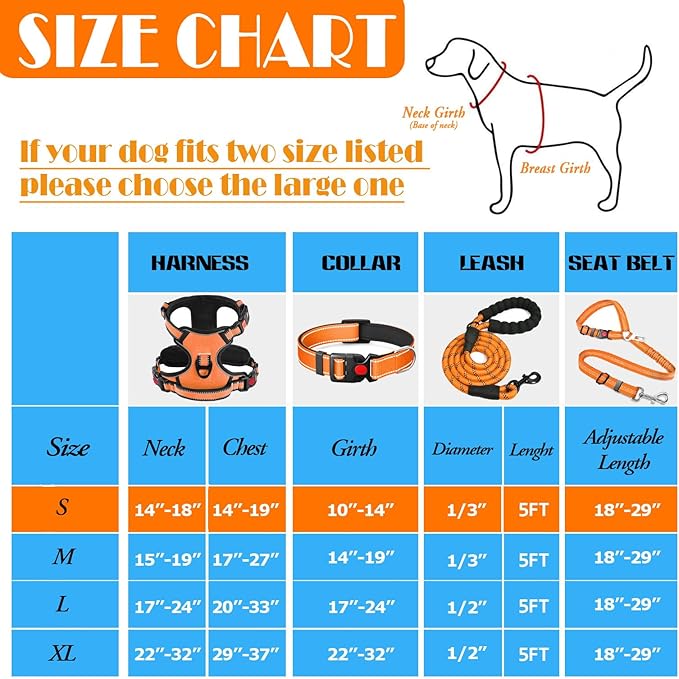 No Pull Dog Harness, Collar & Leash Set | Includes Dog Seat Belt, Collapsible Bowls & Poop Bag Dispenser. Ideal for Training, Walking, Hiking. Fits Small to Large Dogs(Orange-S)