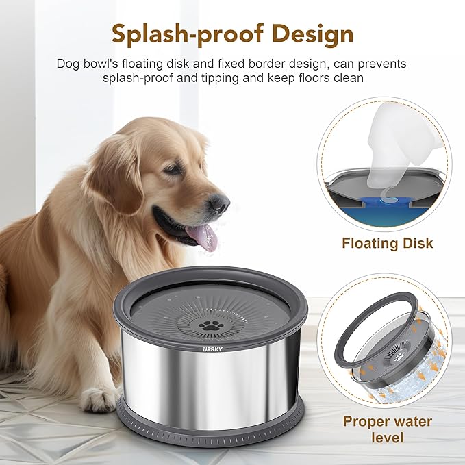 UPSKY 6.5L Dog Water Bowl,1.6 Gallon Super Large Capacity No Spill Dog Water Bowl,Stainless Steel Spill Proof Slow Water Feeder,No Splash Water Bowl with Anti-Slip Mat for Messy Drinkers Grey
