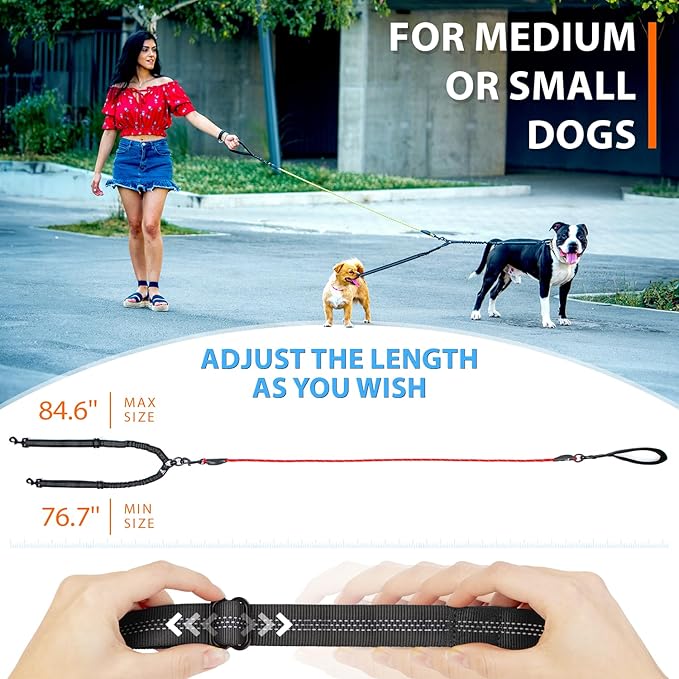 SparklyPets Dual Dog Leash for 2 Small Dogs – Tangle Free Rope Bungee Double Leash for Two Breeds with Adjustable Couplers & Soft Handle (Red, Small)