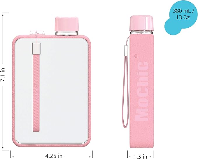 Mochic 13oz Flat Portable Travel Mug Handbag Slim Cold Flask | BPA Free A5 Water Bottle Tritan Plastic | Sports, Camping, Gym, Fitness, Outdoor - Leak Proof. 380ml (Pink)