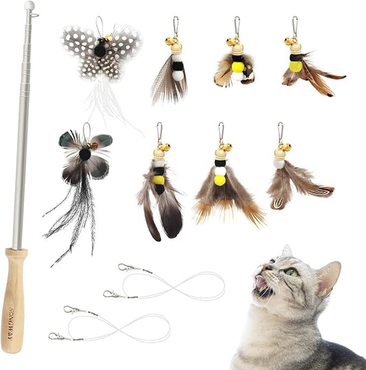 SONGWAY Cat Toys Feather Wand - Retractable Cat Wand Toy and 8 Pieces Insect Cat Feather Toys with Bell, Interactive Cat Toys for Indoor Cats Kittens