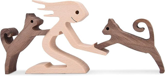 Woman and Cat Statue Wood Figurine Handcraft Kitty Ornament Home Decor Accents