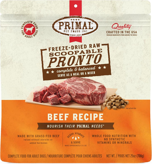Primal Freeze Dried Dog Food, Pronto Mini Nuggets, Beef; Scoop & Serve, Complete & Balanced Meal; Also Use as Topper or Treat; Premium, Healthy, Grain Free High Protein Raw Dog Food (25 oz)