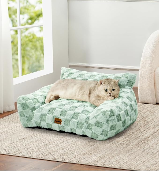 MADE 4 PETS Cat Beds for Indoor Cats, Cat Couch Bed, Soft Faux Fur Checkered Pet Sofa, Calming Fluffy Kitten Sofa with Supportive Foam, Removable Washable Cover with Non-Slip Base, Green, Small