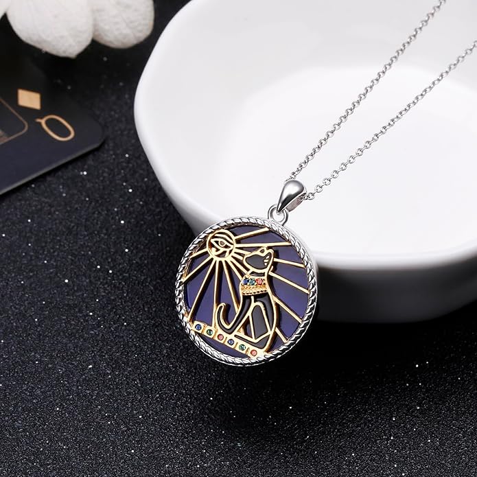 Alphm Egyptian Jewelry for Women 925 Sterling Silver Bastet Goddess/Eye of Horus Pendant Necklace Ancient Egyptian Jewelry Present