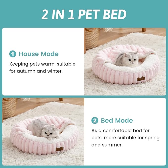 Cat Bed with Hooded Blanket, Round Fluffy Anti-Anxiety Pet Bed for Cats/Small Dogs, Cozy Donut Cuddler with Machine Washable Faux Fur & Anti-Slip Bottom(23"×23"×6",Pink)